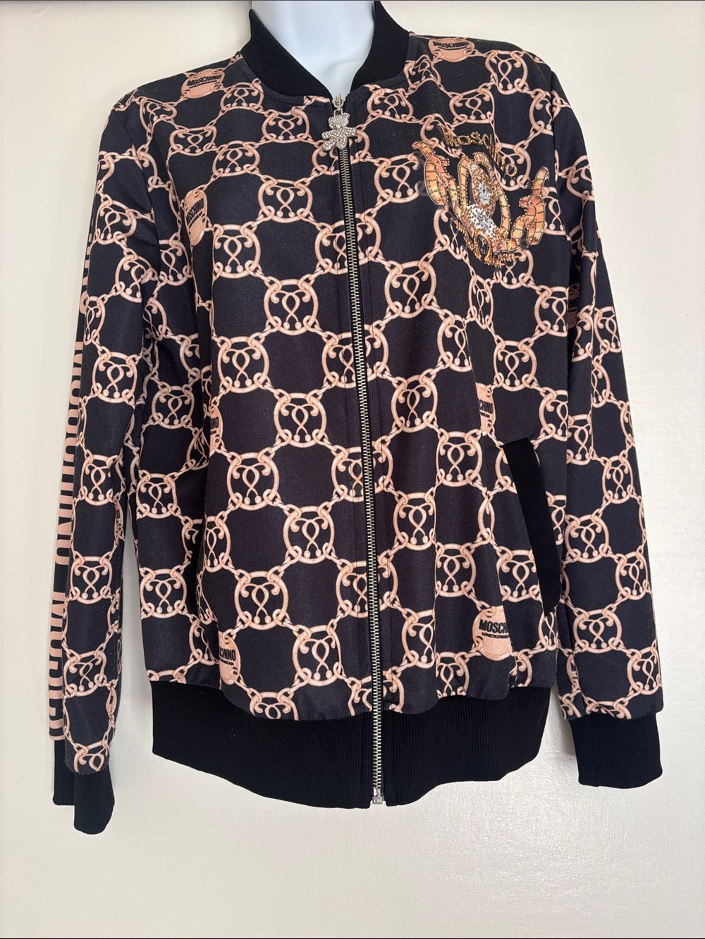 Moschino Brown Neutral Bomber Jacket with Print Embellished Patch Zipper Sz L